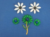 Enamel Flower Pin & Matching Clip-on Earrings – White & Black Enamel Clip-on Earrings