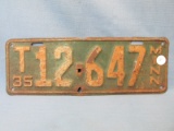 1935 Minnesota License Plate – White lettering on Green background - “T12647” - 12 3/4”L x 4 1/2”T –
