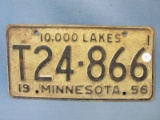 1956 Minnesota License Plate – Black lettering on Off-white background - “T24866” - 11 7/8”L x 6”T –
