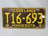 1951 Minnesota License Plate – Yellow lettering on Black background - “T16693” - 11 7/8”L x 6”T – As
