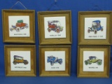 Set of 6 Vintage  Antique Cars - 4 1/2” (appx) Tiles – Made in Japan – Framed in 6 3/4” Sq Frames