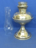Nickel Plated Ray-o Oil Lamp Base w/ Glass Chimney – orig Fuel Cap, Wick wheel turns  base is 12” T