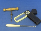 Corkscrew, Buttonhook, & Folding Magnifier