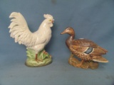 Rooster (Japan) & Duck Figurines (2) – Ceramic – Duck 5 3/4” T - 8” L – Rooster 8