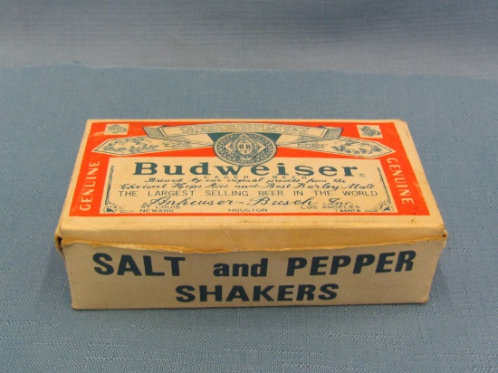Vintage 1970s – Budweiser Bottle Salt and Pepper Shakers – 4” tall  – Good Condition – Box Has Some