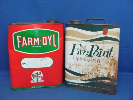 Five Point & Farm Oyl 2 Gallon Cans – 10 1/2” T – Missing Handle – Wear/Dents/