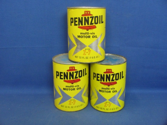 Pennzoil Oil Cans (3) Full - Cardboard – Metal Ends – 1 Quart – Multi-vis Motor Oil With Z-7