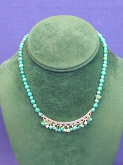 Turquoise Beaded Necklace w Sterling Silver Clasp & Fittings – 14 1/2” long