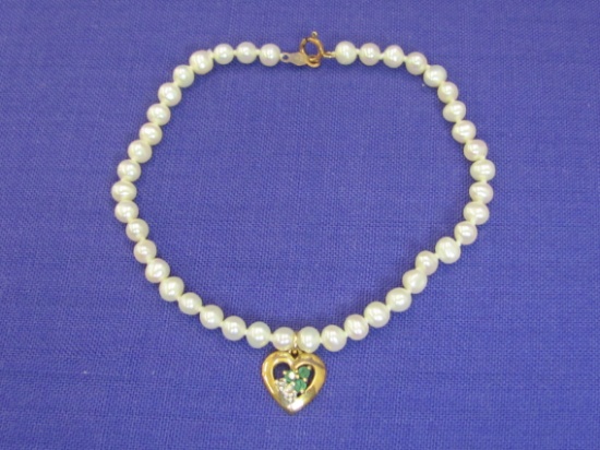 Pearl Bracelet w 10 Kt Gold Heart Charm & Clasp – 3 Small Emeralds? 1 Diamond Accent