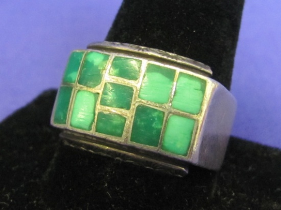 Silver? Ring – Southwestern Style – Inlaid Stone -  Size 11 – 10.4 grams – Unmarked