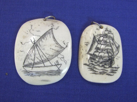 2 Scrimshaw Pendants on Bone – Sailing Ships – Larger one is 1 1/2” long