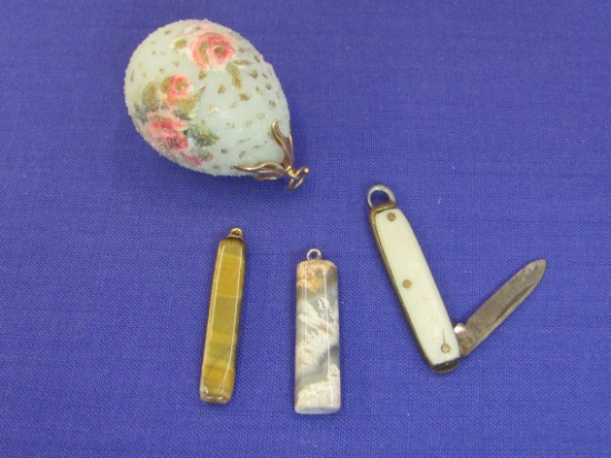 4 Pendants: 2 Stone – 1 Frosted Egg – Mini Pocket Knife made in USA – All about 1 1/2”