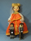 Dolls – 18” Tall  Plastic Costume Doll & 2 Folk-Art 9” T Carved Wood Old Folks