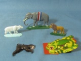 4 Vintage Painted Cast metal Animals & Tin Frog Popper Made in Brooklyn USA