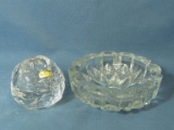 Kosta Boda Crystal Snowball Votive  & Pressed Glass Ashtray 6 1/4” DIA x 2” Deep