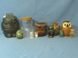 Lot of Owls: Wise Owl Bank, Jar, Candle Holders, Carved Wood & 6 1-3” Figurines