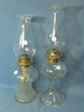 2 Pedestal Oil Lamps: Lamplight Farms & Nameless Vintage with Chimneys