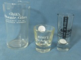 3 Bar Glasses w/ Advertising: “Rieke's Bar” Shot, Sauza Tequila 3 1/2” T – Nibs' Magic Bar 4 1/2” T