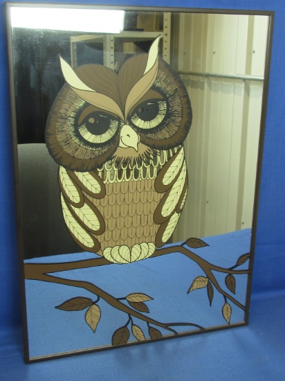 Vintage Art: Silk Screened Owl on Mirror in 22 1/4” T x 16 1/4” W Metal Frame