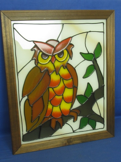 Vintage Art: Faux Stained Glass Owl on a Branch – Glass in a Wood Frame – 22 3/4” T x 18” W