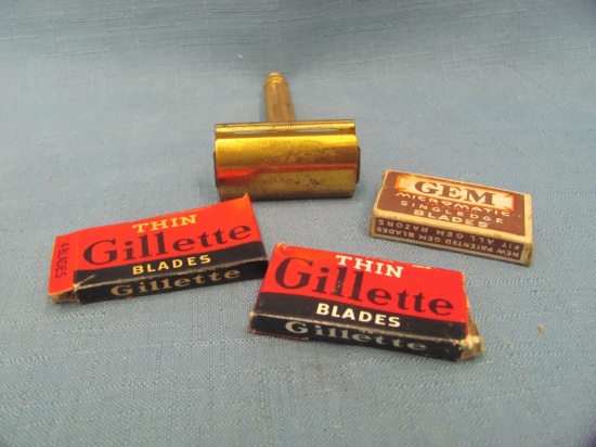 Gillette Gold Tone Safety Razor With Gillette & Gem Blades – Light Wear – Needs