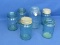 Set of 6 Blue-Tinted “Ball” Brand Mason Jars – 2 with Lids – Tallest is 7” -