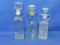 3 Clear Glass Bottles w/ Stoppers 9”, 8” & 7” Tall