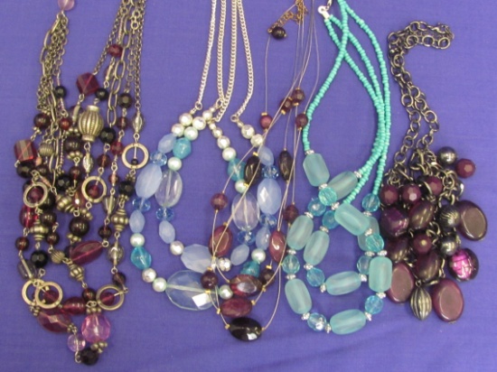 5 Newer Costume Jewelry Necklaces w Purple or Blue Beads – 1 is by Lia Sophia