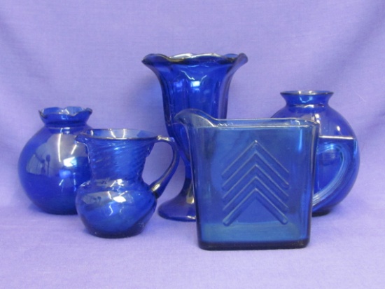 Lot of Cobalt Blue Glass – Hazel-Atlas Chevron Milk Pitcher – Vases – Goblet – Tallest is 6”