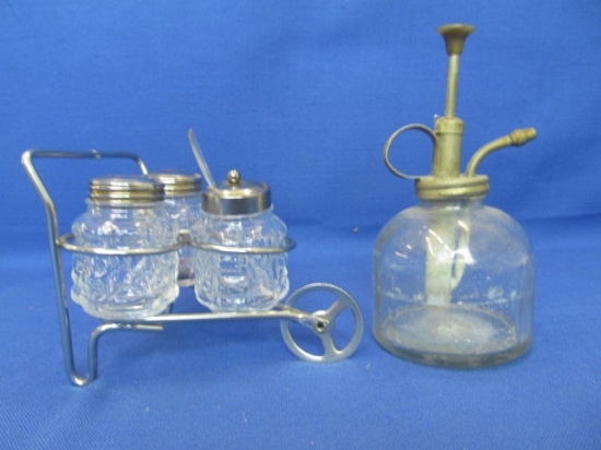 Vintage Glass Plant Sprayer 6” T (Taiwan) & Condiments Caddy 4” T (Salt, Pepper Mustard)