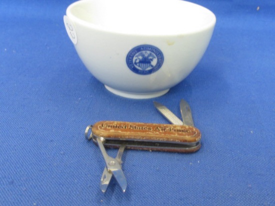 Veterans Administration 1930 Bowl 2 1/4” T X 4” DIA & Pocket Knife Laser cut wood “United States Air