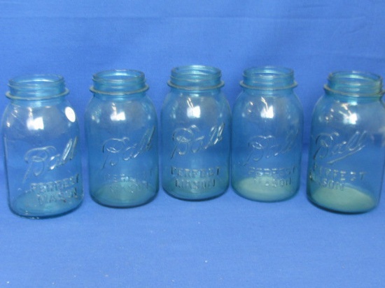 5 Vintage Ball Perfect Mason Quart Jars – Blue Glass – 1 Underscore
