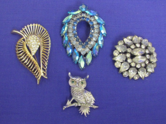 4 Vintage Pins/Brooches w Rhinestones – Blue by Sarah Coventry – Owl by Monet