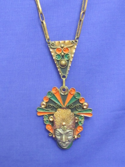 Fantastic Copper & Enamel Necklace – Mayan/Aztec Warrior – Made in Mexico – Marked w Crown