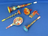 Lot of 6 Colorful Vintage US Metal Toy Mfg. Co. Noise Makers -