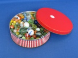 Huge Lot of Glass Marbles in Red-and-White Tin – 9 Shooter Marbles –