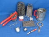 Various Kitchenware – Graters – Sifters – Jar Opener – Peeler – Empty Schilling Box -