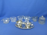 4 Vintage Cream & Sugar Sets: 3 Clear Glass 1 Shiny Metal w/ Tray