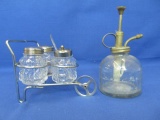 Vintage Glass Plant Sprayer 6” T (Taiwan) & Condiments Caddy 4” T (Salt, Pepper Mustard)