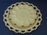 Vintage Anchor Hocking Deviled Egg Plate w/Gilt Edge & Milk Glass Platter w/ Open Lace Edge