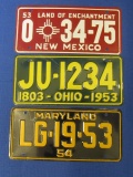 Vintage Miniature License Plates: 1953 New Mexico, Ohio & 1954 Maryland Each 5” L x 2 1/4” T