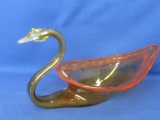 Pulled Glass Swan Console Bowl – 11” L x 7” W X 2” D Teardrop – Orange Stripe – 14” L x 7” Tall Neck