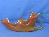 Pulled Green & Orange Slag Glass Swan Console Bowl – 12 1/2” L x 4” W x 6-3” D – 16” L  w/ 7” T Neck