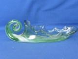 Pulled Glass Green& White Cornucopia Bowl 12” L x 3 1/2” W x 2-3” Deep with a 4” T Spiral