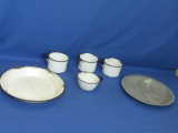 Vintage Enamelware – 3 Mugs, 1 Coffee Cup, & 2  10” Pie Pans (White  & Grey)