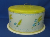 Vintage Yellow & White Metal Cake Carrier – Wheat & Bluebells 6 1/4” T x 11” DIA