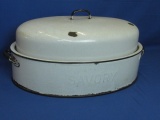 Vintage Black & White “Savory” Enamelware Roaster – Measures 18 (20 w/ handles) x 12”x 9 1/2” T