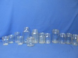 13 Assorted Clear Glass Canning Jars