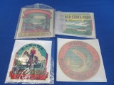 4 Exuberantly Colored 1950's Souvenir Window Decals:Ely, Itasca State Park, Port Arthur, Kakabeka Fa