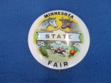 1950's Minnesota State Fair Button – Shows Horse, Cow, Sheep, Pig & Produce – Horse Racing at bottom